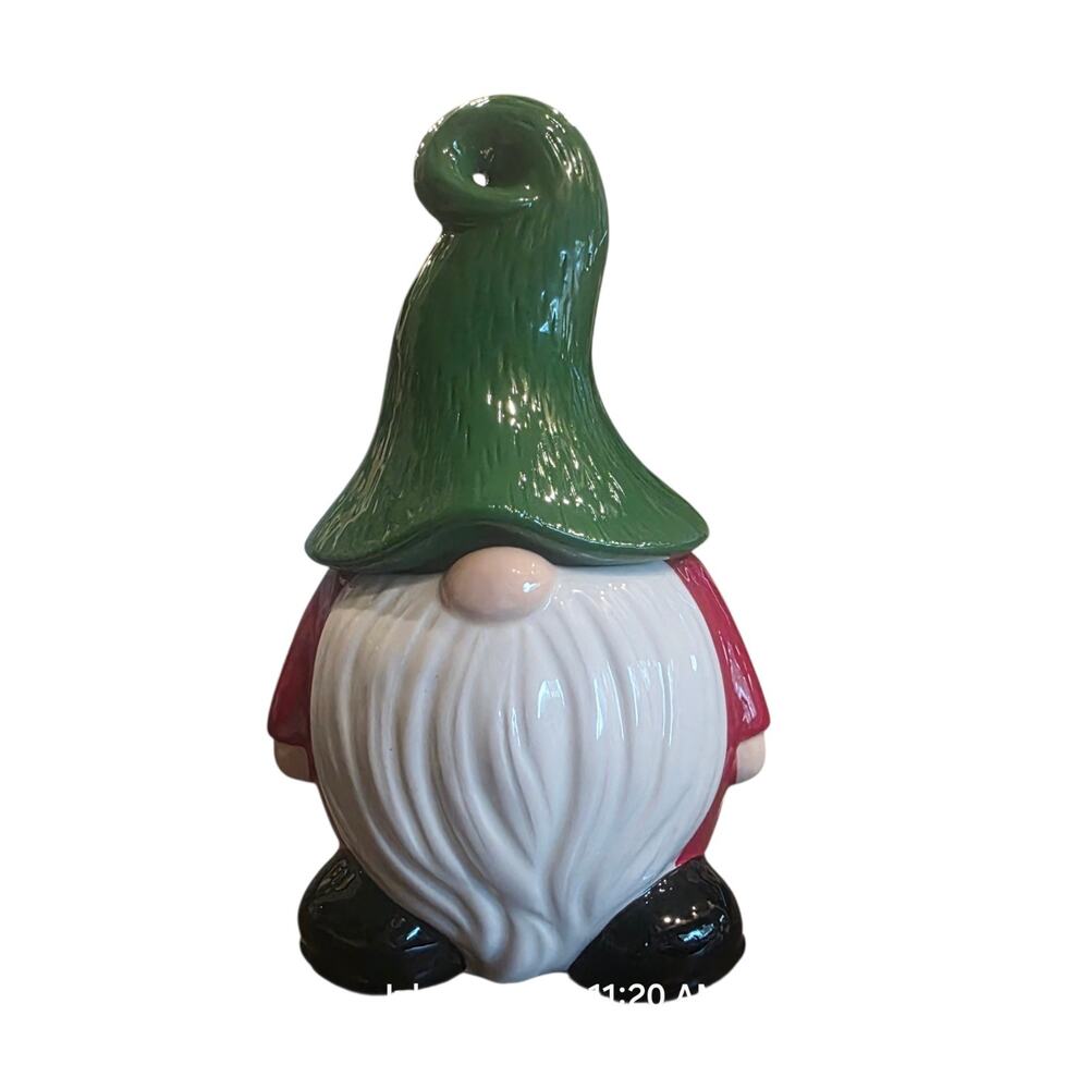 Sleigh Bell Bistro Christmas Gnome Cookie Jar Ceramic Canister Green Hat 10.5"